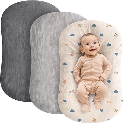 Muslin Baby Lounger Cover - 3 Pack Organic Cotton Baby Pillow Lounger Cover for Newborn - Soft and Breathable Infant Pillow Lounger Cover - Covers Only