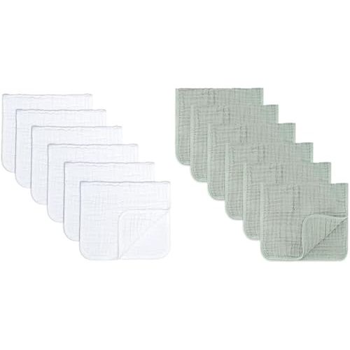 Comfy Cubs Muslin Burp Cloths Large 100% Cotton Hand Washcloths for Babies, Baby Essentials 6 Layers Extra Absorbent White 6 Pack and Fern 6 Pack Bundled