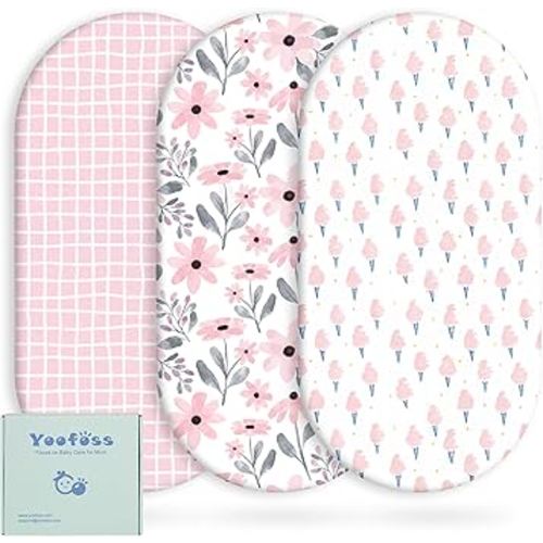 Yoofoss Bassinet Sheets for Baby,3-Pack Fitted Bassinet Sheets Set Compatible with Halo Bassinest Swivel Sleeper,Baby Delight,Angelbliss,Soft Breathable Bassinet Mattress Sheets (Pink+Floral)