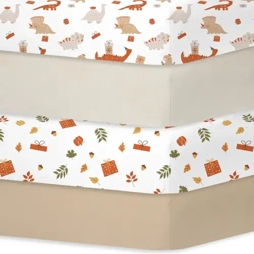 Bimocosy Crib Sheets for Boys Girls, Fitted Crib Sheet 4 Pack for Standard Crib and Toddler Mattresses, Super Soft Breathable Microfiber Baby Sheet 28"x 52", Dinosaur/Leaves/Khaki/Beige