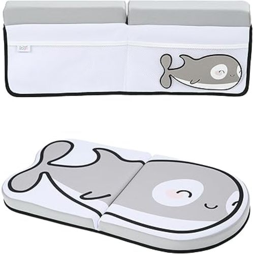 Small Steps Bath Kneeler and Elbow Rest Pad Set – Ergonomic Baby Bath Kneeling Pad with Memory Foam and Non-Slip Design – Orca-Themed Comfort with Handy Pockets for Bathing Babies and Kids