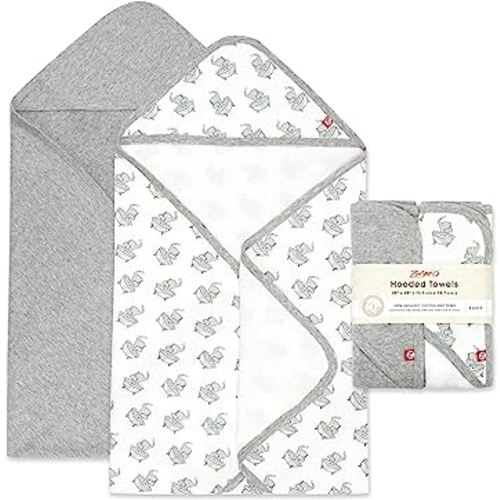 Zutano Hooded Baby Towels, Organic Cotton Baby Bath Towel, Ultra Soft and Absorbent Baby Towel for Newborn and Infant | Girl, Boy, and Unisex Towel Set, Elephant Bath Time, 2-Pack