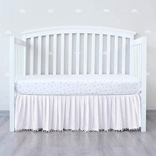 White Crib Skirt Pleated with Lovely Pompoms, Bedding Dust Ruffle for Baby Girls and Baby Boys, 14" Drop, Fit All Standard Crib Bed,White, Microfiber.
