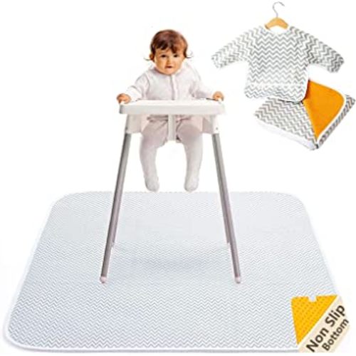 2-in-1 Waterproof Baby Splat Mat for Under High Chair (51” x 51”) with Toddler Smock and Weaning Ebook - Large Non-Slip Infant High Chair Mat Food Catcher Protects Floor from Mealtime Messes Gray