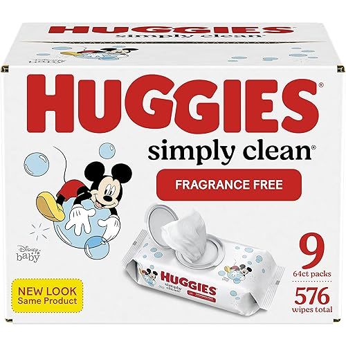 Huggies Simply Clean Unscented Baby Wipes, 9 Flip-Top Packs (576 Wipes Total),64 Count (Pack of 9)