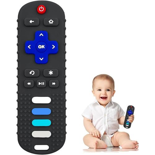 Baby Teething Toys, Food Grade Silicone Teether for Babies 3 6 12 18 Months, TV Remote Shape Toddlers Chew Toys, Freezer BPA Free (Black RC)