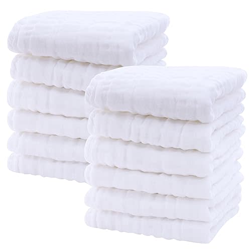 SWEET DOLPHIN 12 Pack Baby Muslin Washcloths - Soft Face Cloths for Newborn, Absorbent Bath Wash Cloths, Wipes, Burp Rag - Toddlers Essentials Stuff, Baby Registry as Shower -10"x10", White