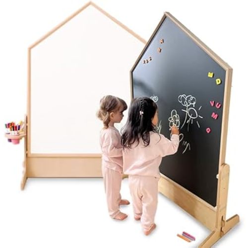 Comme Moi Kids’ Large Double-Sided Easel – Chalkboard & Magnetic Whiteboard – Minimalist Wood Frame Art Board – Easy Install – Made in Korea – for Toddlers, Classrooms & Kids’ Room Décor