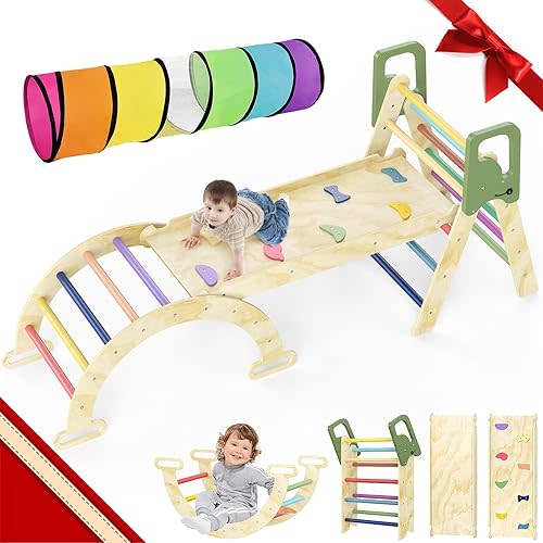 Pikler Triangle Set, 8-in-1 Indoor Jungle Gym with Kids Play Tunnel, Indoor Playground Jungle Gym for Toddlers, Foldable Wooden Montessori Climbing Set with Arch, Ramp & Ladder for Toddlers, Kids(S)
