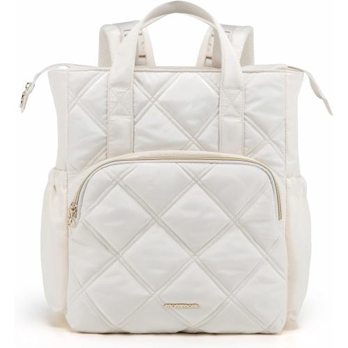 mommore Quilted Diaper Bag Backpack, Small Baby Bags, Lightweight Mini Diaper Backpack for Travel, with Insulated Pockets, Changing Pad (Beige)