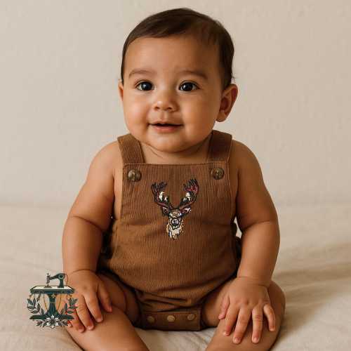 Corduroy Deer Baby Romper | Embroidered Antler Overalls | Gift for Baby