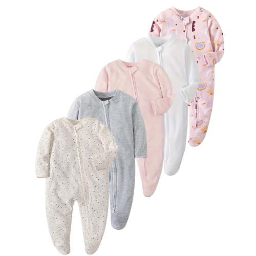 QEFJNO 1 Piece Newborn Unisex Baby Girls' Sleep and Play Footies Pajamas,2 Way Zipper with Mitten Cuffs Infant Boys' Sleeper Cotton PJs - White Dots