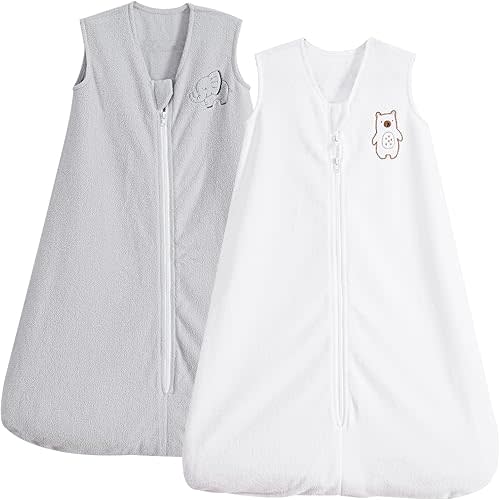 PHF Warm Micro-Fleece Baby Sleep Sack 12-18 Months, Soft Baby Wearable Blanket, 2-Way Zipper Sleeping Bags, 2 Pack Comfy Sleeping Sack for Infant Newborn Boys, Large Size, White&Grey