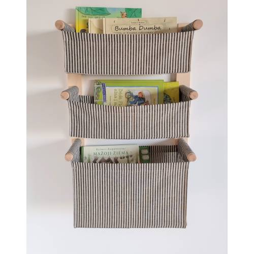 Linen Wall Hanging Basket - Oiled Natural Wood, Red