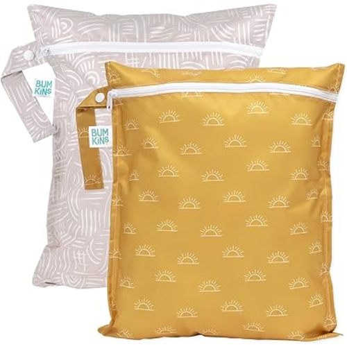 Bumkins Waterproof Wet Bag for Baby, Travel, Swim Suit, Cloth Diapers, Pump Parts, Pool, Gym, Toiletry, Strap to Stroller, Daycare, Zip Reusable Bag, Wetdry Packing Pouch, 2-pk