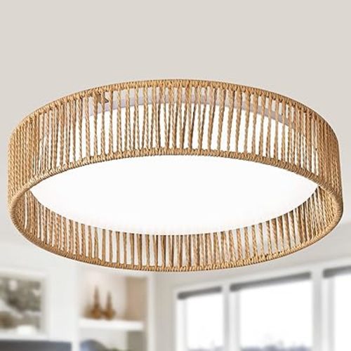 Rattan Overhead Light Fixture, 24W 16.9inch LED Dimmable Handwoven Boho Light Fixture 5CCT 3000K-6000K for Hallway Bedroom Kitchen Entryway Living Room