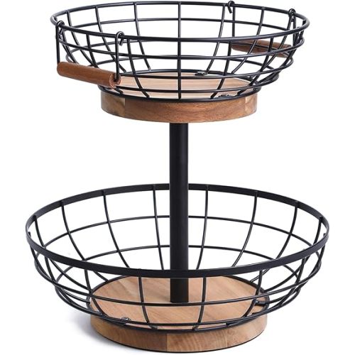 2-tier Fruit Basket Bowl,Metal Basket with Wooden Base,Fruit and Vegetable Storage with Banana Hanger,Fruit Basket for Kitchen Counter Organizer.