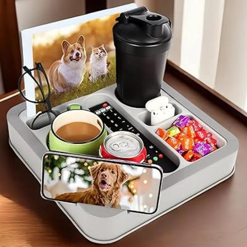 Couch Cup Holder Tray ,FINTHECH Food-Grade Silicone Couch Caddy for Bed Car Seat, Waterproof Anti-Spill Couch Drink Holder for Headphones, Snacks and Other Items(Gray).
