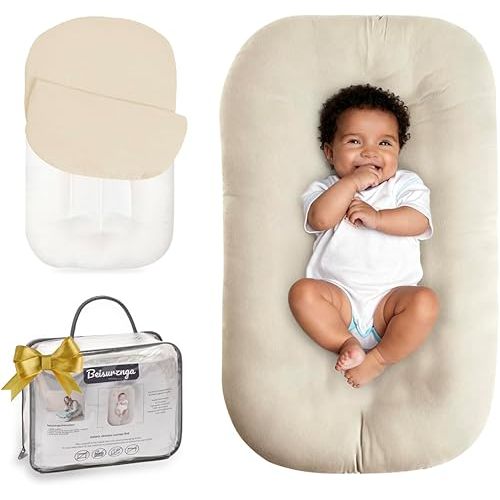 Baby Lounger for Newborn - Snuggle Cozy Me Lounger | Breathable Soft Cotton, 0-24 Months Portable Playtime Baby Nest, Newborn Baby Essentials Gifts- Coffee (1 Lounger + 1 Cover)