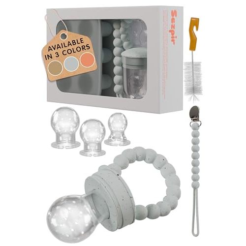 Silicone Baby Fruit Feeder Pacifier with Freezer Tray Made from Safe and BPA Free Materials, Suitable for Fruits, Veggies, Puree or Frozen Breast Milk Popsicle Teether with Clip Strap, Gray Speckled