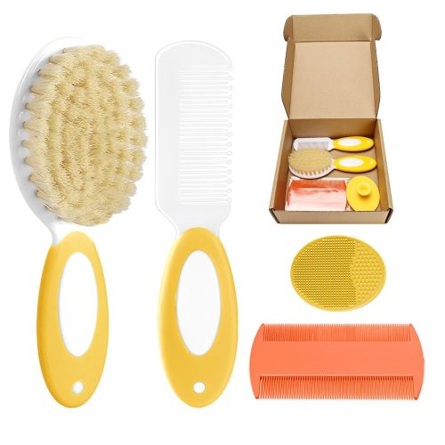 Baby Hair Brush and Comb Set, 4Pcs Baby Soft Bristles hairbrush Cradle Cap Brush Hair Comb for Newborns Toddlers Boys Girls (Yellow)