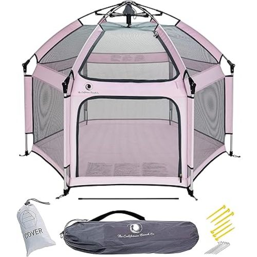 POP 'N GO PLAYPEN - Indoor & Outdoor Baby Playpen for Babies and Toddlers - Baby Beach Tent, Foldable, Portable W/Canopy, Travel Bag, & Mosquito Net - Pop Up Pack and Play Tent (Soft Pink)