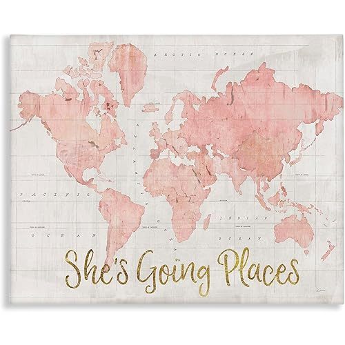 Stupell Industries She's Going Places Quote Pink Watercolor World Map, 24 x 30 (ab-961_cn_24x30)
