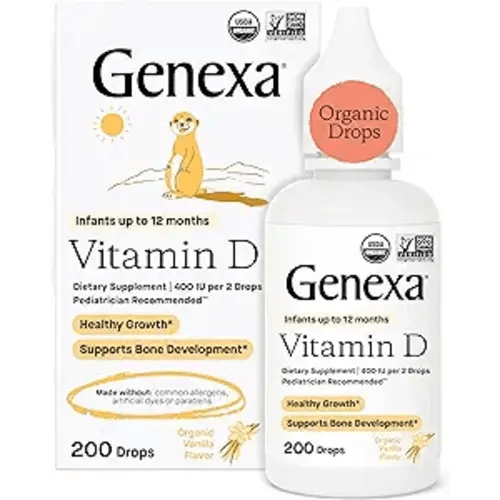 Genexa Infants Vitamin D Liquid Drops for Newborn, Baby & Toddler | Supports Growth & Bone Development | Delicious Organic Vanilla Flavor | Certified Organic, Gluten Free, & Non-GMO | 90 Servings