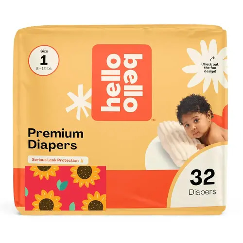 Hello Bello Diapers, Size 1 (8-12 lbs) Flower Child, 32 Count of Premium Disposable Baby Diapers, Hypoallergenic with Soft, Cloth-Like Feel