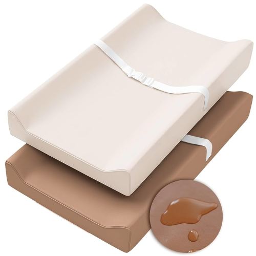 Konssy Vegan Leather Changing Pad Cover for Baby Girls Boys, 2 Pack Waterproof & Wipe-Clean Diaper Chang Table Covers, Soft Changing Pad Sheets (Brown,Beige)