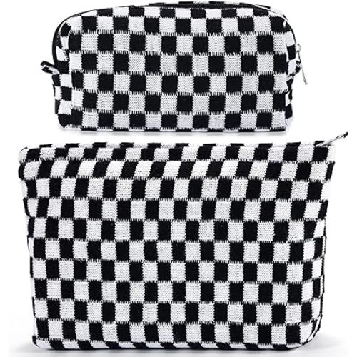ZLFSRQ 2Pcs Checkered Makeup Bag for Women Large Cosmetic Bag Set Travel Toiletry Bag Makeup Pouch Bag for Purse Black Zipper Storage Bag Organizer Cute Small Aesthetic Girls Car Essentials Bag