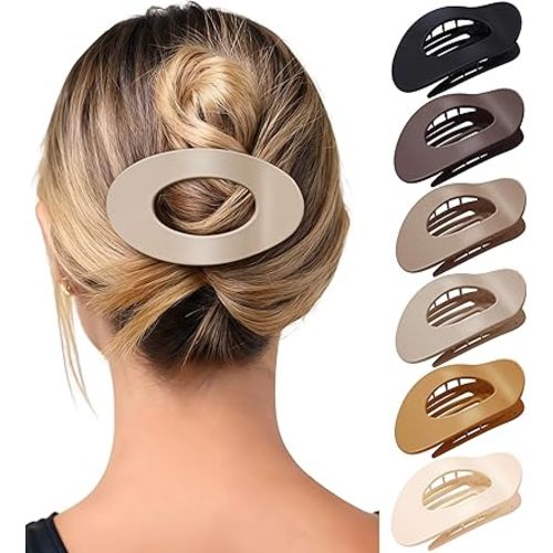 Mesovor 6 Pack Flat Hair Claw Clips, 4.33" Nonslip Large Round Lay Flat Hair Clips | Strong Hold French Flat Hairclips for Lying Down, Yoga, Driving (Neutral Matte)