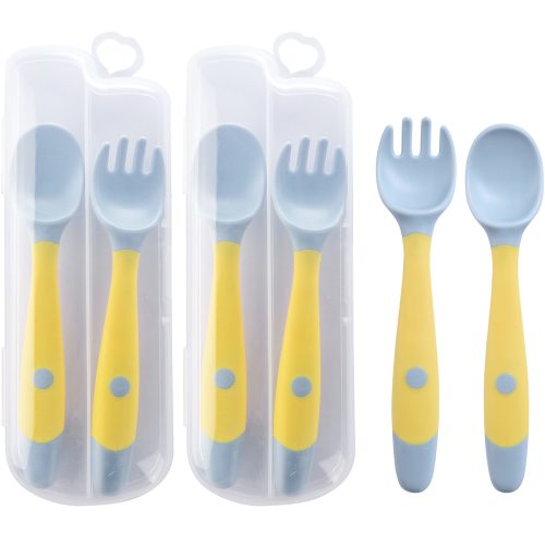 Silicone Baby Utensils Spoons Forks Sets with Travel Case - Easy Grip Toddler Feeding Training Utensil Set - First Stage of Self-Feeding for Baby - Toddler Utensils for Baby Led Weaning
