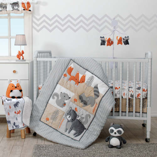Acorn Gray/Beige/White/Orange Woodland Fox, Raccoon, Squirrel & Bear 3-Piece Baby Nursery Crib Bedding Set – Lambs & Ivy