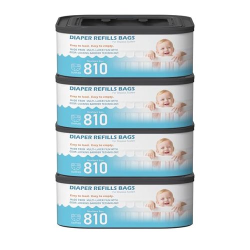 Jumbo Square Refills Disposal Bags Refill (Baby Powder Scent) Compatible with Diaper Genie Classic, Compact and Select Pails, Hold Up to 810 Newborn-Sized Diapers Per Refill, 4 Packs