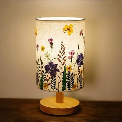 petitepop Dried Flowers Table Lamp, 7w Led 3-Color Pressed Floral Beside Lamp,Cute Vintage Linen Shade Desk Lamp for Bedroom Office with Wood Base