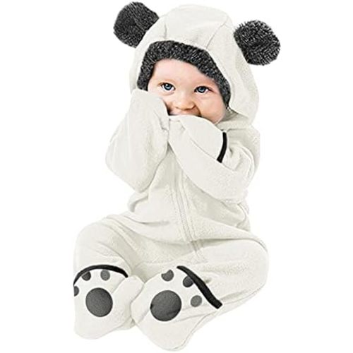Newborn Baby Fleece Footed Jumpsuit Hooded Pramsuit Winter Snowsuit for Infant Boys Girls Bear Romper Outerwear