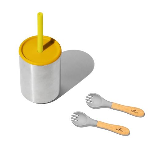 Avanchy Stainless Steel Cup 8oz Yellow Bamboo Baby Forks Gray