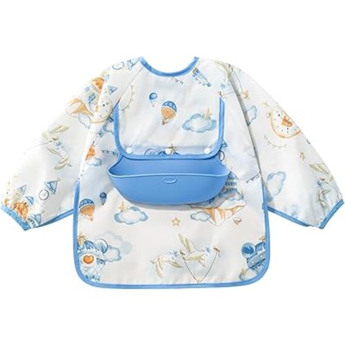 Baby Long Sleeve 2 in 1 Smock Bib, Mess Proof Baby Bib with Silicone Food Catcher Pocket, Infant Feeding Smock for Eating, Toddler Waterproof Bibs Shirt for Boys Girls 6-12 Months