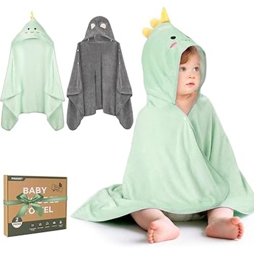 PINNORY 2 Pack Hooded Baby Towels, Extra Large 28"x 55" Soft Coral Fleece Baby Bath Towels for Newborn, Toddler and Kids, Ultra Absorbent Cute Baby Towel with Eco Gift Box for Newborn Bath Essentials