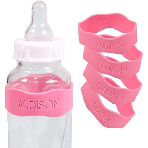 InchBug Orbit Labels - Baby Bottle Name Labels for Daycare, Sippy Cup Bands - Engraved Silicone, Reusable, Dishwasher Safe, Matching Color Personalization, 4-Pack (Bubblegum Pink)