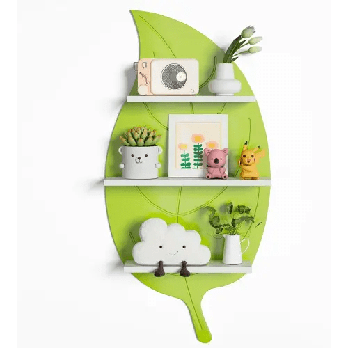 Natural Green Leaf Shaped Floating Shelves Wall Mounted 3 Tier Plant Design Hanging Display Shelves for Wall Storage Decorative Tree Shelf Wall Decor for Kids Plants Toys Living Room Bathroom Nursery