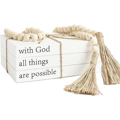 Decorative Books for Home Decor, White Faux Books for Decoration, Rustic Farmhouse Stacked Display Books (with God All Things are Possible)