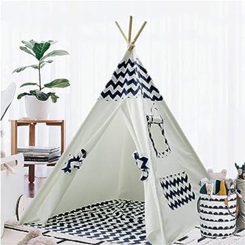 Teepee Tent for Kids Teepee, Play Tent with Mat for Boys Indoor Outdoor Playhouse Tent Indian Canvas Tipi Tent Wigwam Children Navy Chevron