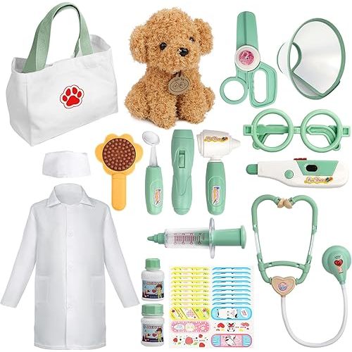 Liberry Doctor Kit for Toddlers 3 4 5 6 Years Old, 26 Pcs Kids Doctor Playset with Dog Toy, Stethoscope and Dress Up Costume, Pretend Play Medical Gift for Boys Girls (Green)