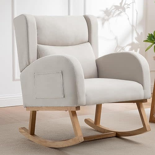 Nursery Rocking Chair,Linen Upholstered Rocker Chair,Wingback Nursing Rocking Chair with High Back for Nursing Adults Living Room, Bedroom(Linen Beige)