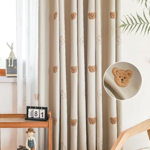 Cartoon Bears Kids Blackout Curtains for Babys Bedoom Living Room Grommet Top Beige Embroidery 3D Bear Darkening Curtain for Nursery Baby Room 1 Panel (Beige, W42 L84 inch)