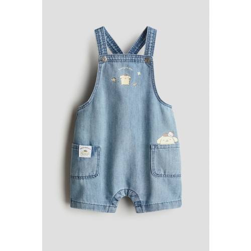 PRINTED DENIM OVERALL SHORTS
