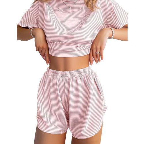 JUSTFASHIONNOW Womens Pajama Sets Shorts Striped Print Two Piece Lounge Sets Crew Neck Sleepwear Split Shorts Set Soft Pjs