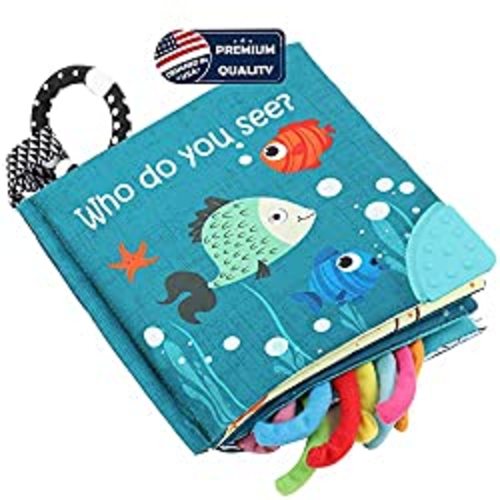 Fish Soft Cloth Book, Crinkle Baby Books Toys Shark Tails Soft Activity Early Education Toy for Babies,Toddlers,Infants,Kids, Teether Ring,Teething Baby Book Baby Octopus, Ocean Sea Animal Fish Books